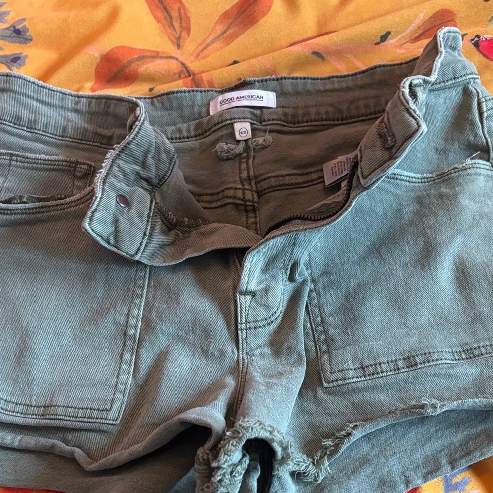 Good American Olive Green Denim-Style High Waist Shorts